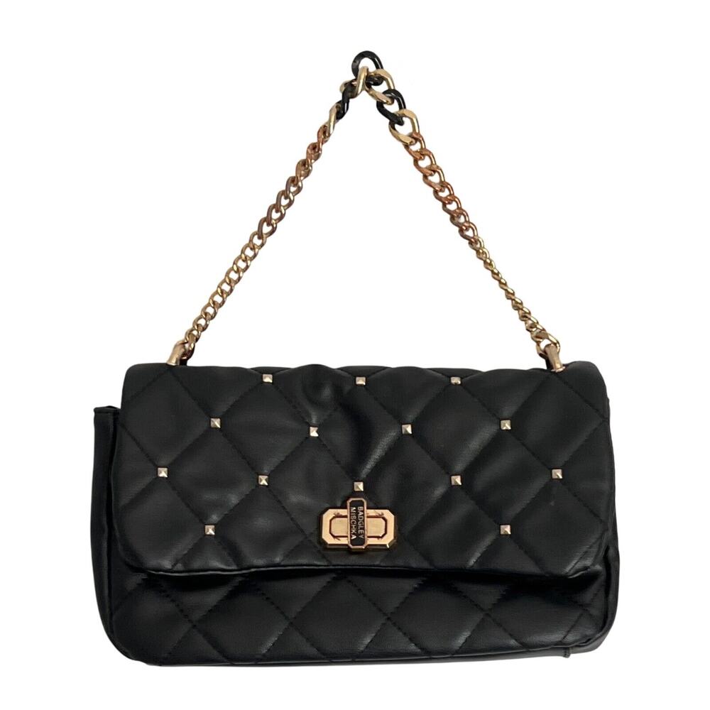 Badgley Mischka Purse Shoulder Bag Black Quilted Gold Chain Pockets Everyday